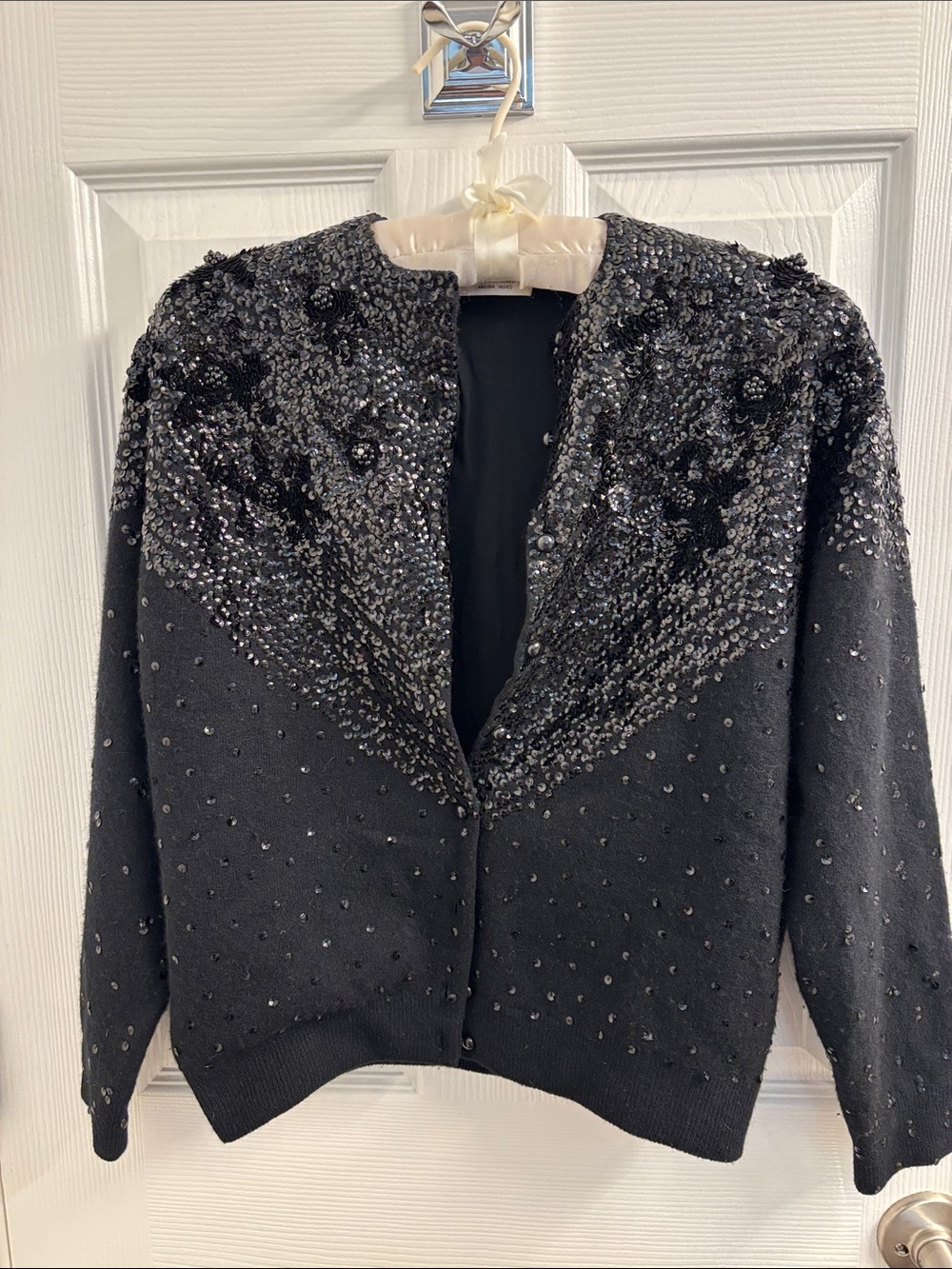Vintage Elegant Handmade Embellished Black Sequin Beaded Cardigan Size 42 (US L)